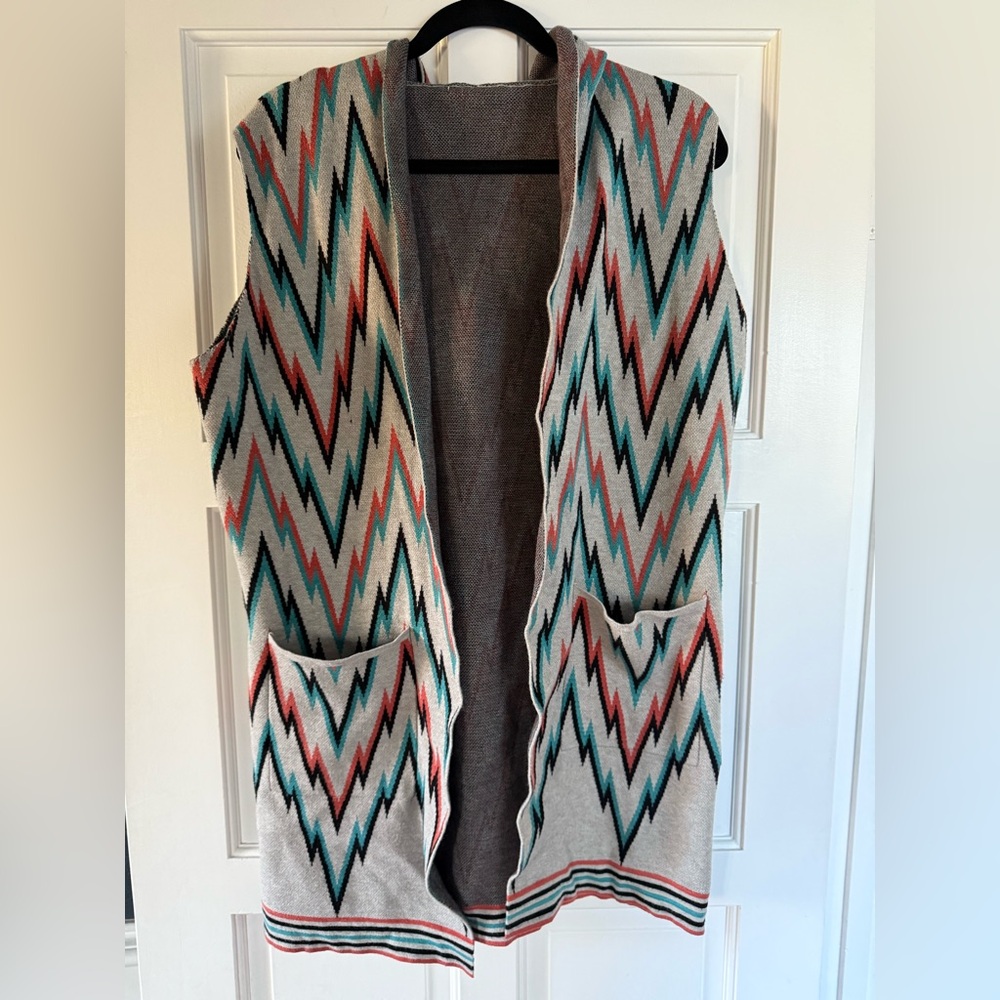 Sioni Hooded Chevron Knit Vest Vintage Inspired Boho Size L untagged multicolor